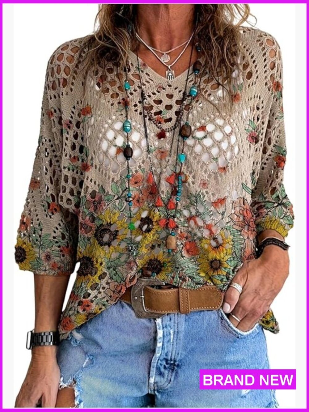 Boho Crochet Knit Lightweight Sweater Cover Up V-Neck Beach Vacation Top